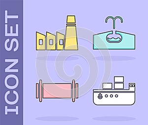 Set Oil tanker ship, Oil industrial factory building, Industry pipe and Oilfield icon. Vector