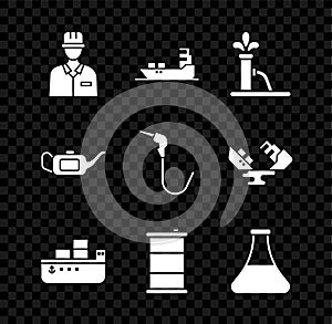 Set Oilman, tanker ship, pump or pump jack, Barrel oil, petrol test tube, Canister for motor and Gasoline nozzle icon