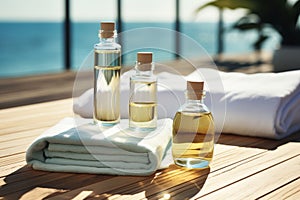 a set of oils and spa towels on a wooden surface, warm light, massage oil in the spa center