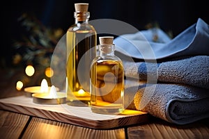 a set of oils and spa towels on a wooden surface, warm light, massage oil in the spa center