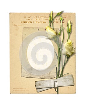 Set of old archival papers and vintage postcard with bouquet