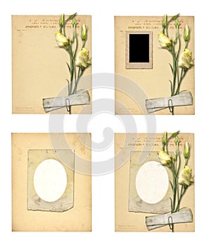 Set of old archival papers and vintage postcard with bouquet of