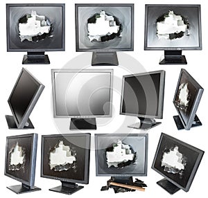 Set of old black LCD monitors with broken screens