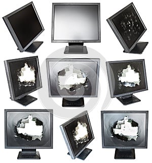 Set of old black LCD monitors with damaged screens