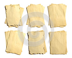 Set of old blank pieces of antique vintage crumbling paper manuscript or parchment