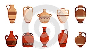 Set of Old Broken Pottery, Clay Vases, Amphora and Jugs. Antique Archaeological Artifacts, Ornamental Crockery