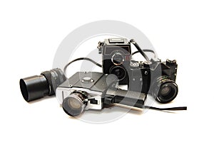 Set of old cameras on a white background