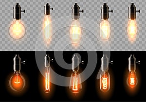 A set of old, classic, retro incandescent bulbs of different shapes. On a transparent and black background.