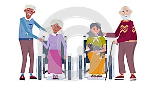 Set old couple black and white. Happy elderly people help each other. Group of seniors in cartoon flat style. Aged