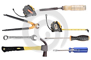 Set of old craftsman tools isolated on white background