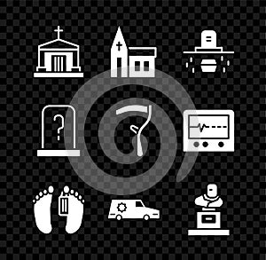 Set Old crypt, Church building, Grave with coffin, Dead body, Hearse car, tombstone, and Scythe icon. Vector
