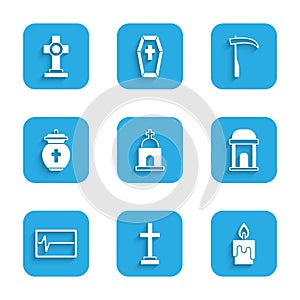 Set Old crypt, Grave with cross, Burning candle, Beat dead monitor, Funeral, Scythe and icon. Vector