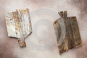 Set Old dark cutting board on concrete background. Food cooking background. Long banner format. top view