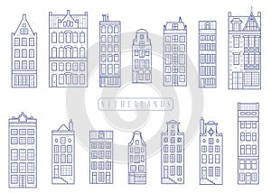Set of old European houses. Facades of European old buildings in Scandinavian style. Holland homes. Vector outline
