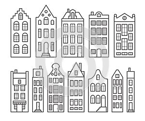 Set of old European houses. Facades of European old buildings in Scandinavian style. Holland homes. Vector outline