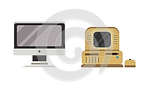 Set of Old Fashioned Personal Computers, Retro Office Workspace Devices Flat Vector Illustration