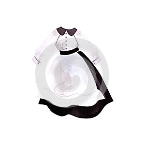 Set of old-fashioned women's clothing. White vintage button-down blouse, black skirt and apron. Isolated watercolor