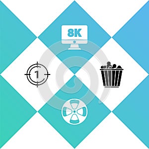 Set Old film movie countdown frame, Film reel, Monitor with 8k and Popcorn in box icon. Vector