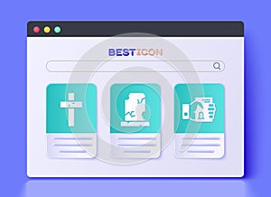 Set Old grave with tombstone, Christian cross and Death certificate in hand icon. Vector