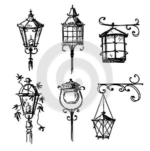 Set of old hand drawn street lamps, vector illustration