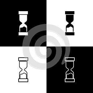 Set Old hourglass with flowing sand icon isolated on black and white background. Sand clock sign. Business and time