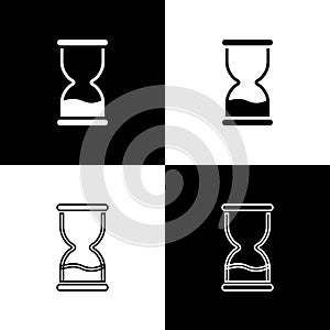 Set Old hourglass with flowing sand icon isolated on black and white background. Sand clock sign. Business and time