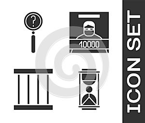 Set Old hourglass with sand, Magnifying glass with search, Prison window and Wanted poster icon. Vector