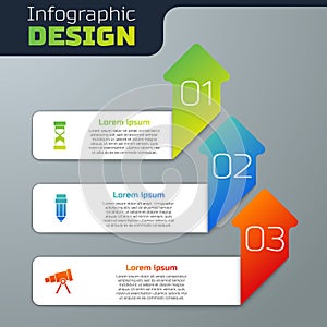 Set Old hourglass with sand, Pencil eraser and Telescope. Business infographic template. Vector