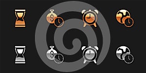 Set Old hourglass, Time is money, Alarm clock and World time icon. Vector