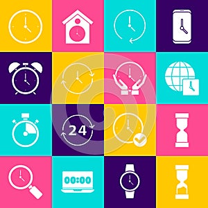 Set Old hourglass, World time, Clock, Alarm clock, and icon. Vector