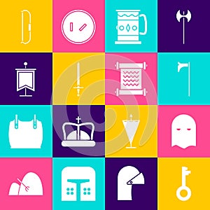 Set Old key, Executioner mask, Medieval axe, Wooden mug, sword, flag, bow and Decree, parchment, scroll icon. Vector