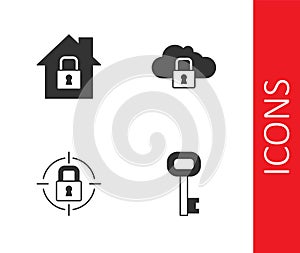 Set Old key, House under protection, Lock and Cloud computing lock icon. Vector