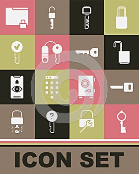 Set Old key, Key, Open padlock, House with, Folder and and icon. Vector