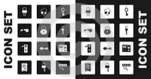 Set Old key, Lock, Broken, and, Unlocked, or cracked, House intercom system and Door handle icon. Vector