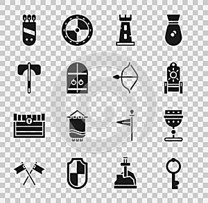 Set Old key, Medieval goblet, throne, Castle tower, castle gate, axe, Quiver with arrows and bow and icon. Vector