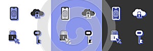 Set Old key, Mobile with fingerprint scanner, Lock and Cloud computing lock icon. Vector