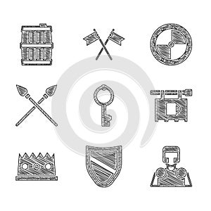 Set Old key, Shield, Medieval knight, Street signboard with Bar, King crown, Crossed medieval spears, Round wooden