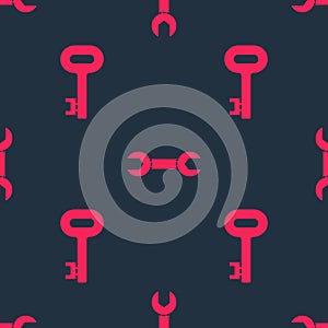 Set Old key and Wrench spanner on seamless pattern. Vector