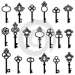 Set of old keys with decorative elements in retro style