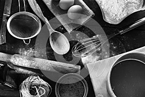 A set of old kitchen items. Black and white photo