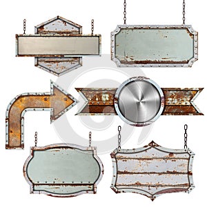 Set of old metal steel sign isolated on white