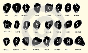 Set of Old Norse Scandinavian runes carved in stone. Runic alpha