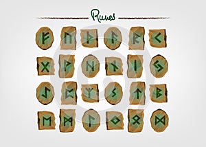 Set of Old Norse Scandinavian runes carved in stone. Runic alphabet ,futhark. Ancient occult symbols, germanic letters. Vector