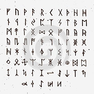 Set of Old Norse Scandinavian runes. Runic alphabet, futhark. Ancient occult symbols, vikings letters on white, rune