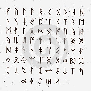 Set of Old Norse Scandinavian runes. Runic alphabet, futhark. Ancient occult symbols, vikings letters on white, rune photo