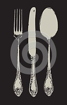 Realistic fork, spoon and knife in vintage style