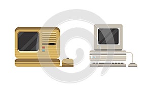 Set of Old Personal Computers, Retro Office Workspace Devices Flat Vector Illustration