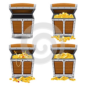Set old pirate chests full of treasures, gold bars, gold coins, crown, dagger, vector, cartoon style, illustration