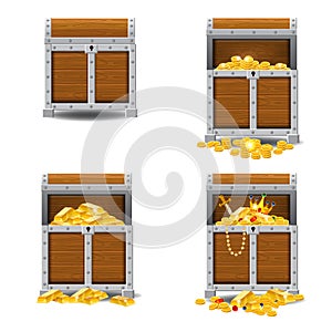 Set old pirate chests full of treasures, gold coins, vector, cartoon style, illustration, isolated. For games