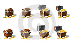 Set old pirate chests full of treasures, gold vector, cartoon style, illustration, isolated. For games, advertising